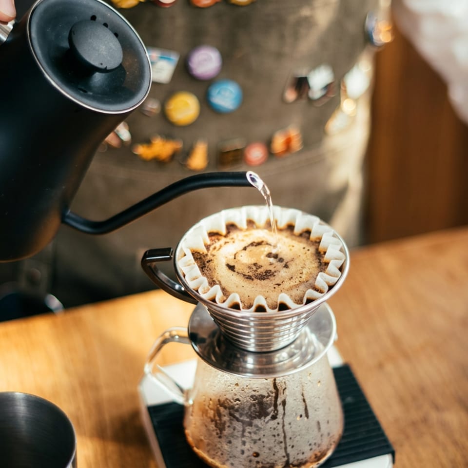 Barista pours hot water from a black gooseneck kettle over coffee grounds in a metal pour-over dripper.