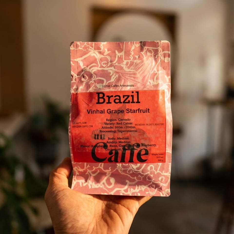 Hand holds a patterned Brazil Vinhal Grape Starfruit coffee bag inside a warmly lit, plant-filled café.