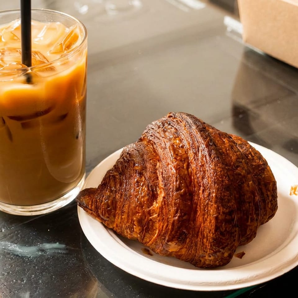 Golden croissant on a white plate beside an iced coffee with a black straw on a reflective table.